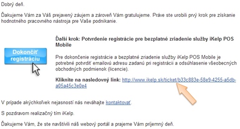 Potvrdenie registr&aacute;cie služby iKelp POS Mobile