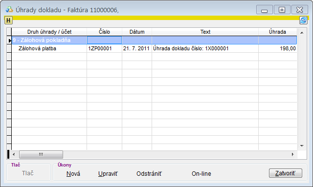 Finančn&eacute; doklady - &uacute;hrady na fakt&uacute;re, v ktor&yacute;ch vid&iacute;me z&aacute;lohov&uacute; platbu