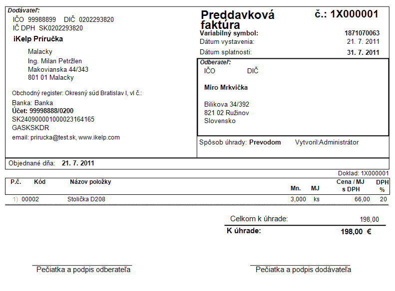 Financie - Vytlačen&aacute; preddavkov&aacute; fakt&uacute;ra