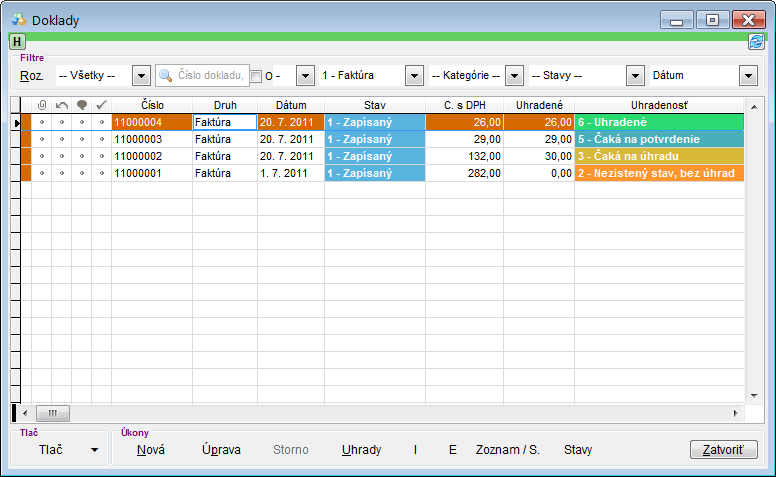 Finančn&eacute; doklady, stav uhradenosti finančn&yacute;ch dokladov