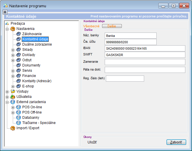 Nastavenia - kontaktn&eacute; &uacute;daje