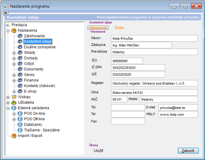 Nastavenia - kontaktn&eacute; &uacute;daje