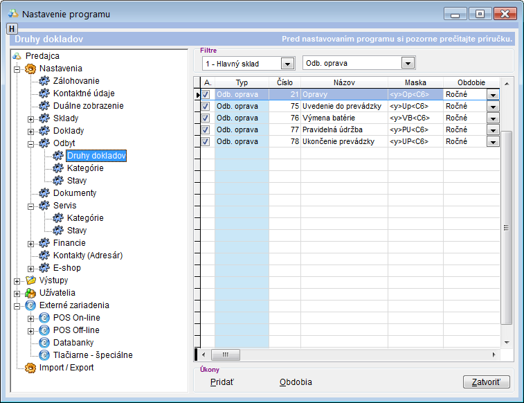 Nastavenia - Odbyt - druhy servisn&yacute;ch dokladov