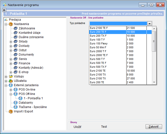 Nastavenia - off-line - v&yacute;ber typu pokladne