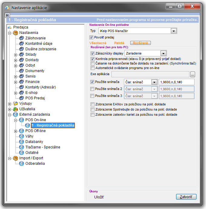 Nastavenia - POS on-line pokladňa - roz&scaron;&iacute;ren&eacute; nastavenia