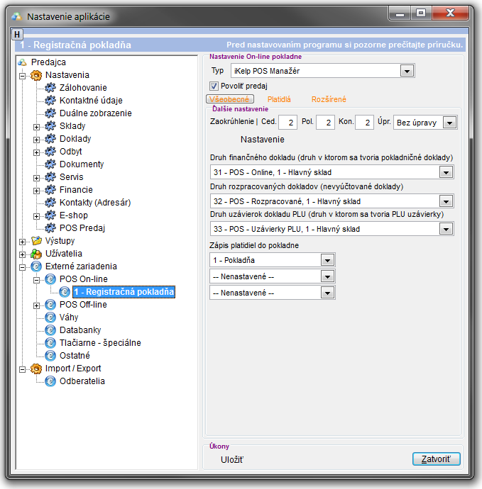 Nastavenia - POS on-line pokladňa - v&scaron;eobecn&eacute; nastavenia