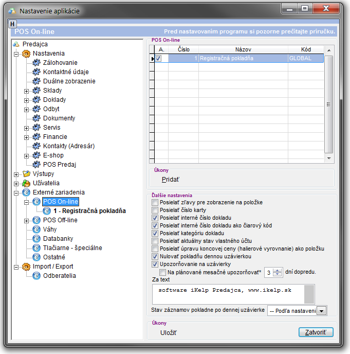 Nastavenia - POS on-line - zoznam pokladn&iacute;