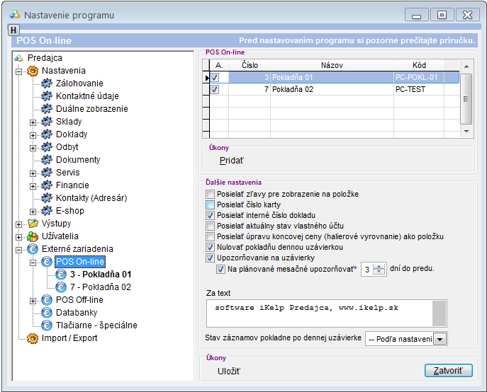 Nastavenia - POS on-line - zoznam pokladn&iacute;