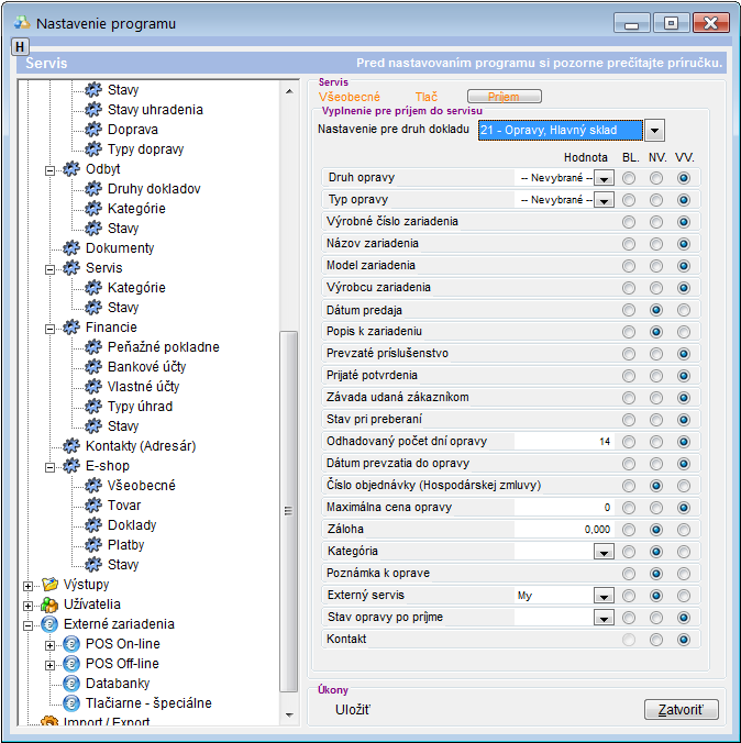 Servis - nastavenia pr&iacute;jmu druhu Opravy