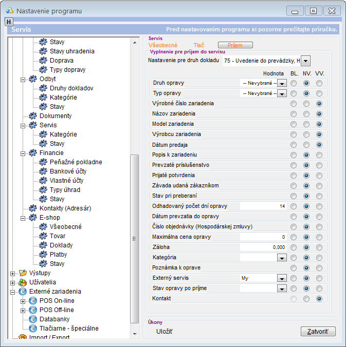 Servis - nastavenia pr&iacute;jmu druhu Uvedenie do prev&aacute;dzky