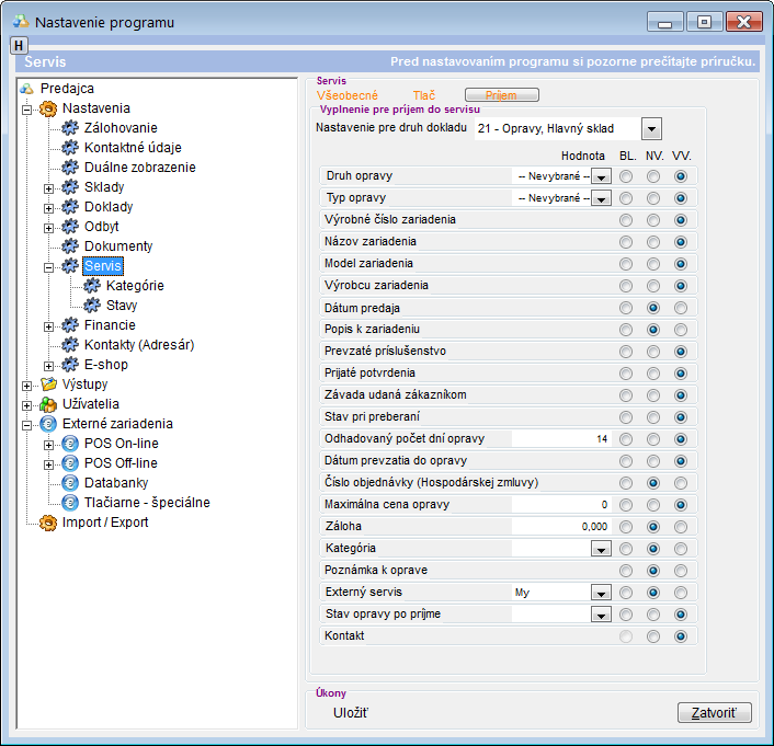 Nastavenia - Servis - Pr&iacute;jem