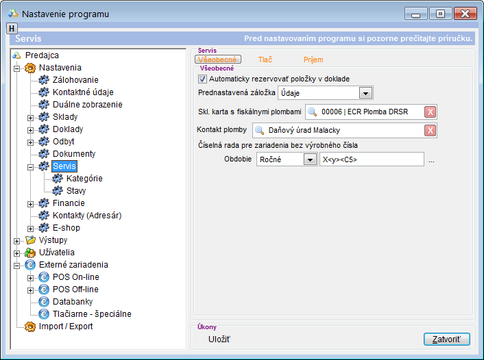 Nastavenia - Servis - V&scaron;eobecn&eacute;