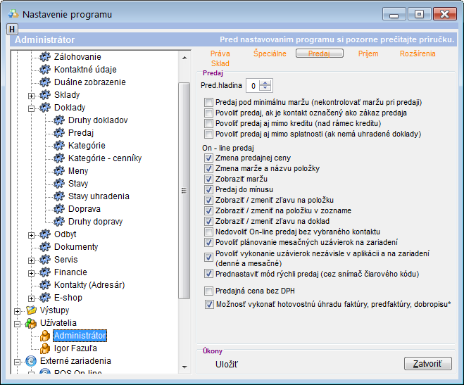 Nastavenia pr&aacute;v už&iacute;vateľa pre predaj