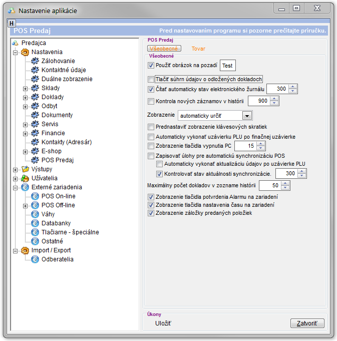 POS Pokladňa - Nastavenia - V&scaron;eobecn&eacute; nastavenia