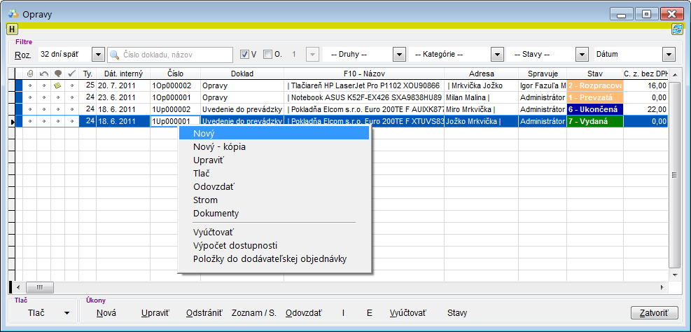 Modul servis - zoznam servisn&yacute;ch dokladov