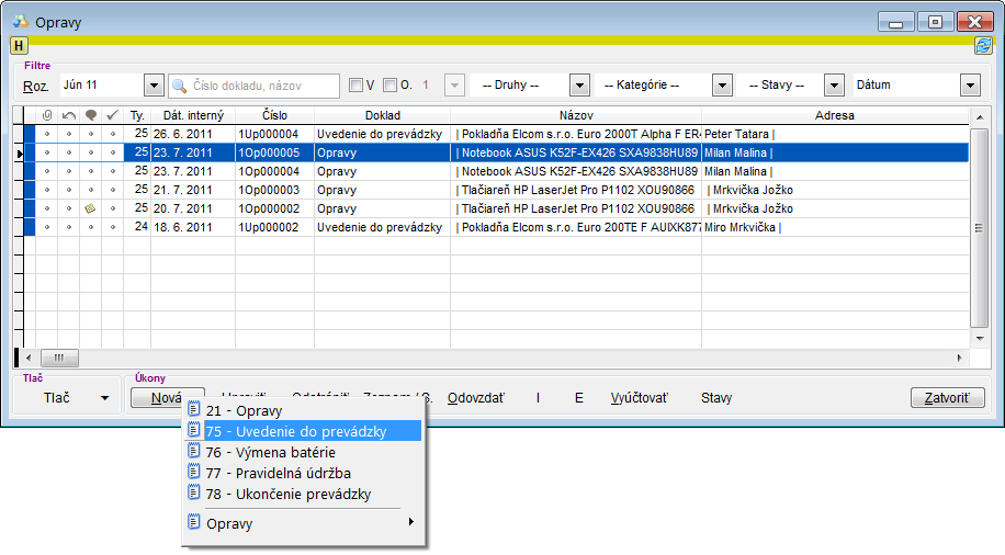 Servis ERP - nov&yacute; doklad