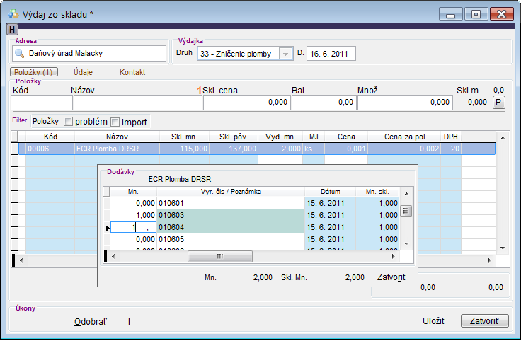 V&yacute;daj - vytvorenie novej v&yacute;dajky pre po&scaron;koden&eacute; plomby