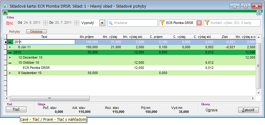 Skladov&aacute; karta plomby - sum&aacute;r pohybov na obdobia