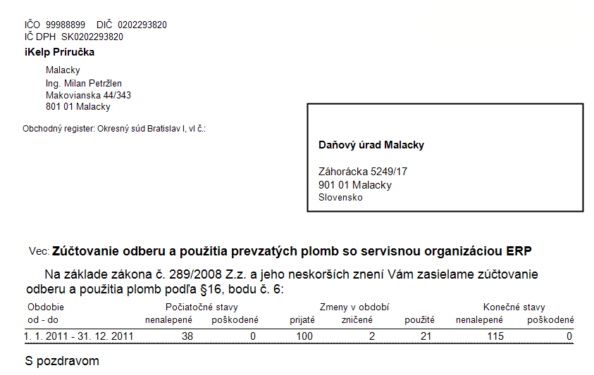 Z&uacute;čtovanie odberu a použitia prevzat&yacute;ch plomb - už zničen&eacute; plomby