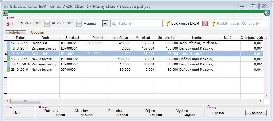 Skladov&aacute; karta plomby  - jej pohyby