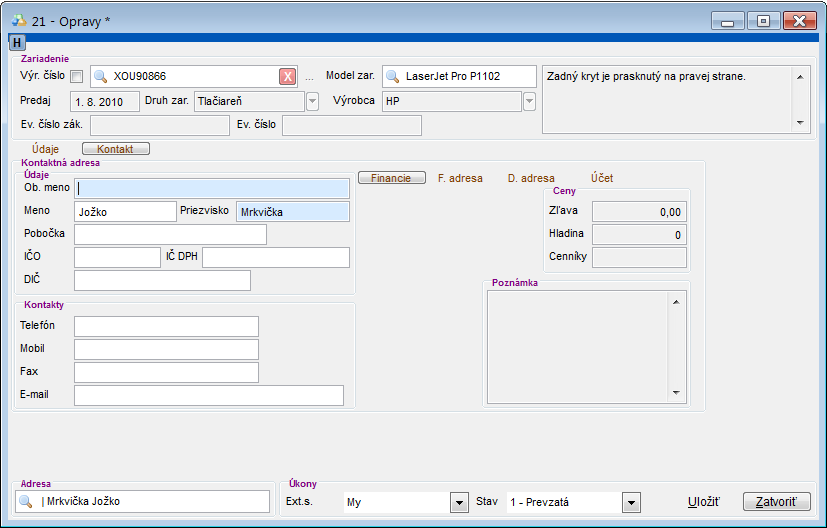 Modul Servis - nov&yacute; servisn&yacute; doklad - z&aacute;ložka Kontakt
