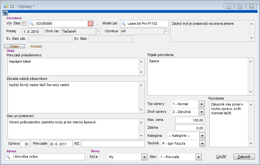 Modul servis - nov&yacute; servisn&yacute; doklad - z&aacute;ložka &Uacute;daje