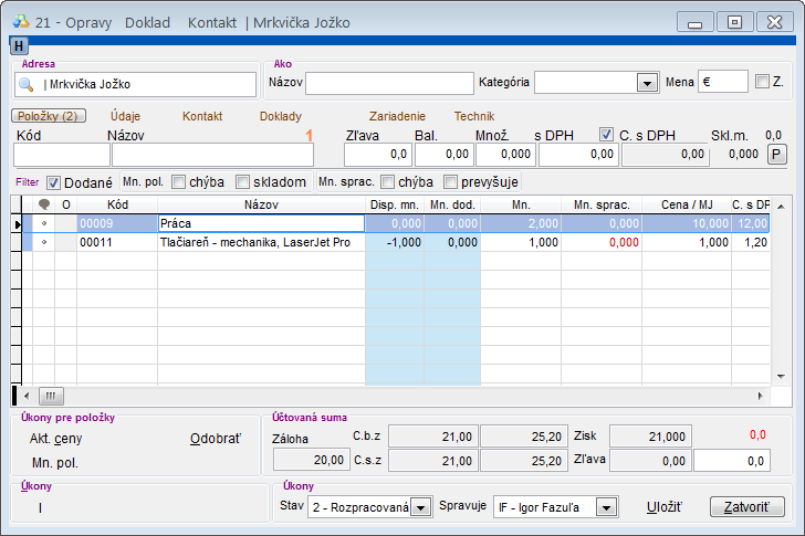 Modul Servis - &uacute;prava servisn&eacute;ho dokladu - z&aacute;ložka Položky