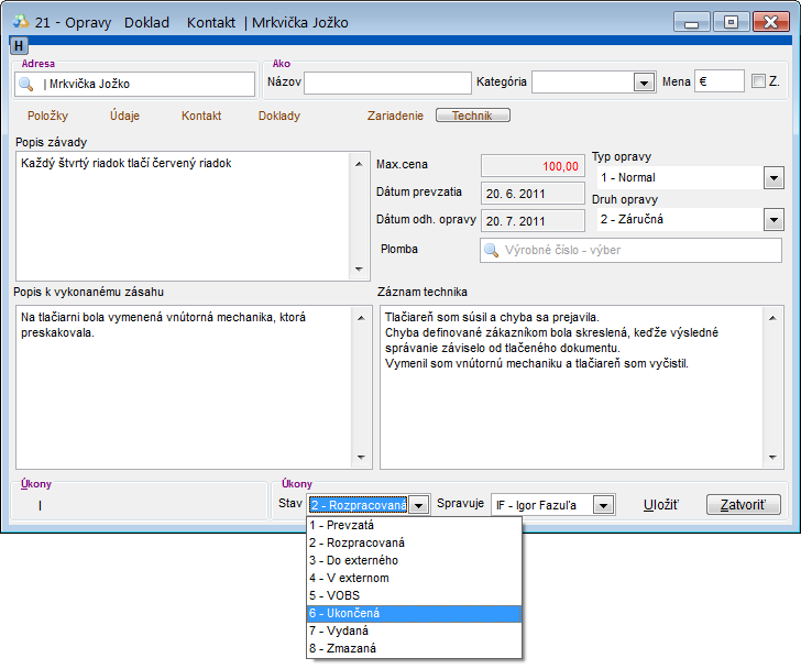 Modul Servis - &uacute;prava servisn&eacute;ho dokladu - z&aacute;ložka Technik