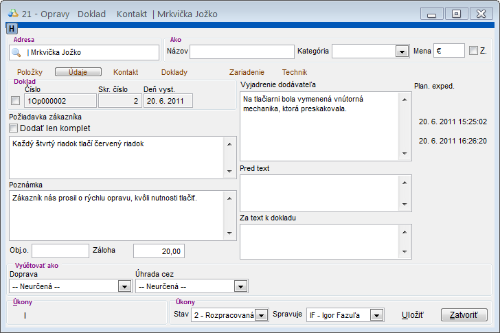 Modul Servis - &uacute;prava servisn&eacute;ho dokladu - z&aacute;ložka &Uacute;daje