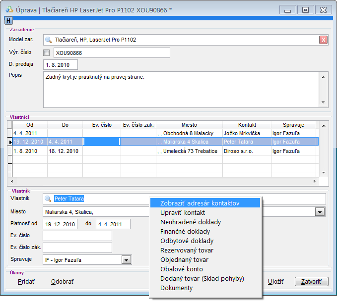 ponuka pre vlastn&iacute;ka (kontakt)