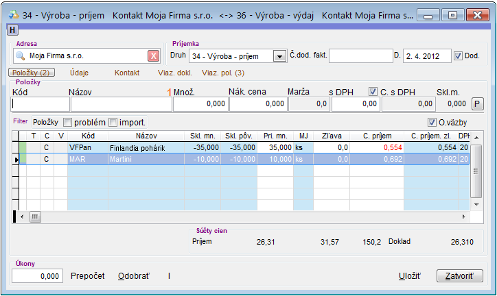 V&yacute;roba - pr&iacute;jem recept&uacute;r - položky po &uacute;prave viazan&yacute;ch položiek