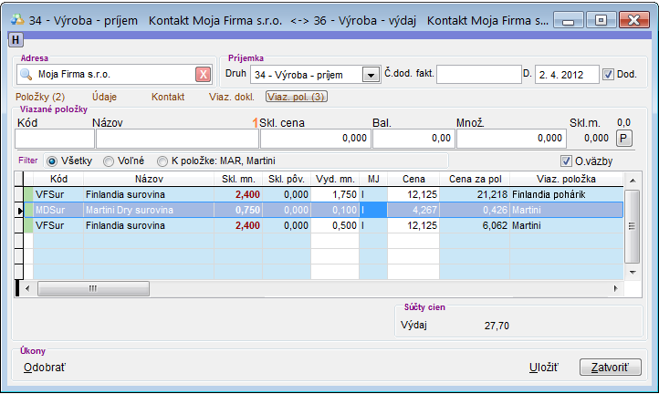 V&yacute;roba - pr&iacute;jem recept&uacute;r - viazan&eacute; položky pred &uacute;pravou