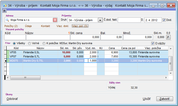 V&yacute;roba - pr&iacute;jem surov&iacute;n - viazan&aacute; položky
