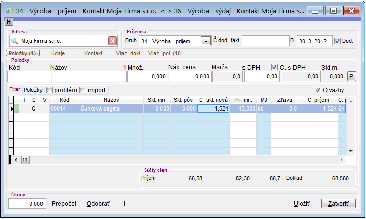V&yacute;roba - pr&iacute;jem recept&uacute;ry - upraven&aacute; skladov&aacute; cena