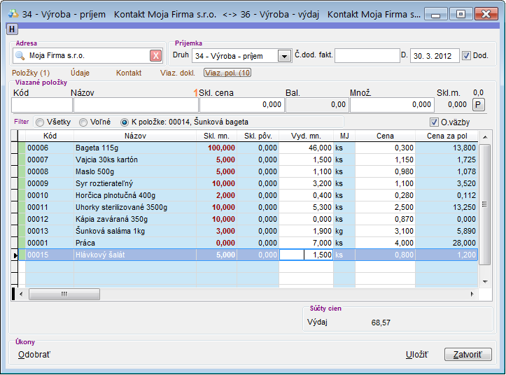 V&yacute;roba - viazan&eacute; položky recept&uacute;ry po &uacute;prave