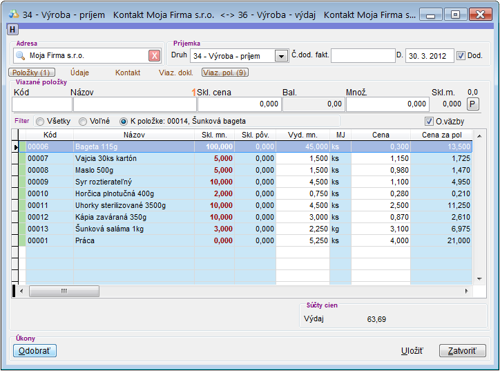 V&yacute;roba - viazan&eacute; položky pred &uacute;pravou množstiev