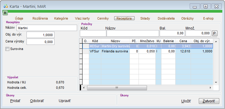 Skladov&aacute; karta - Martini - recept&uacute;ra