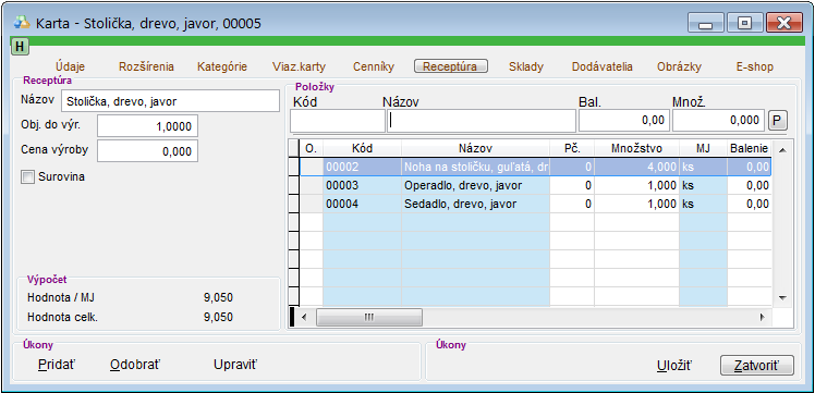 Skladov&aacute; karta - recept&uacute;ra