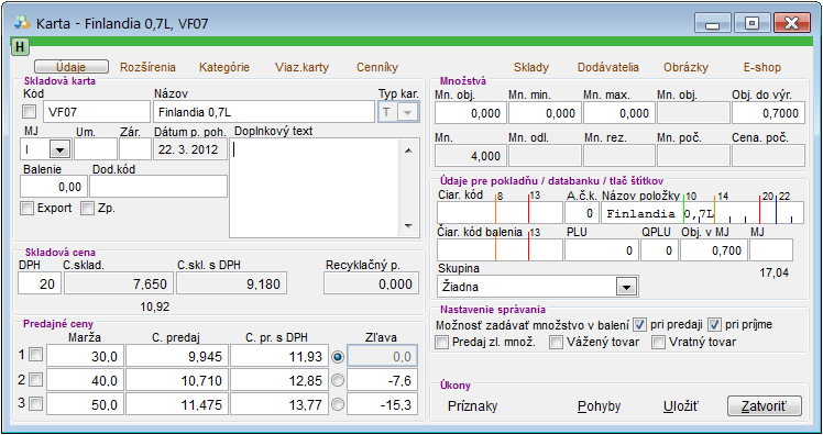 Skladov&aacute; karta - Finlandia 0,7L, ktor&aacute; vstupuje do suroviny.