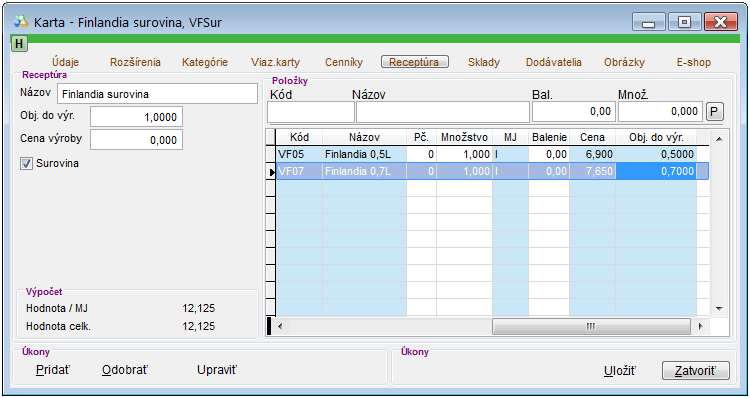 Skladov&aacute; karta - surovina - z&aacute;ložka Recept&uacute;ra