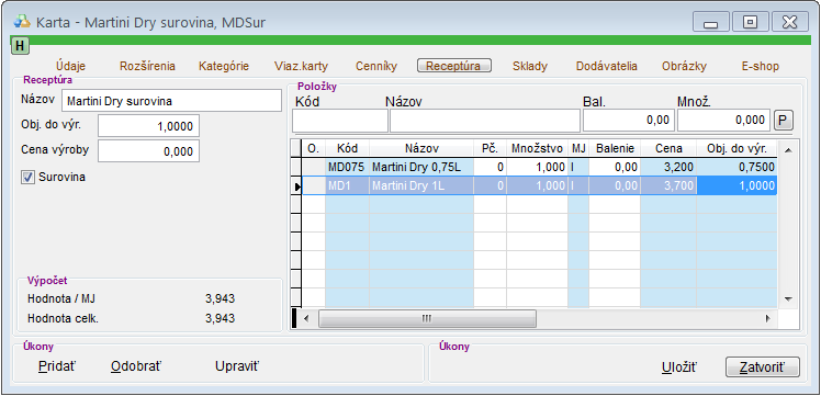 Skladov&aacute; karta - Martini Dry surovina - z&aacute;ložka Recept&uacute;ra