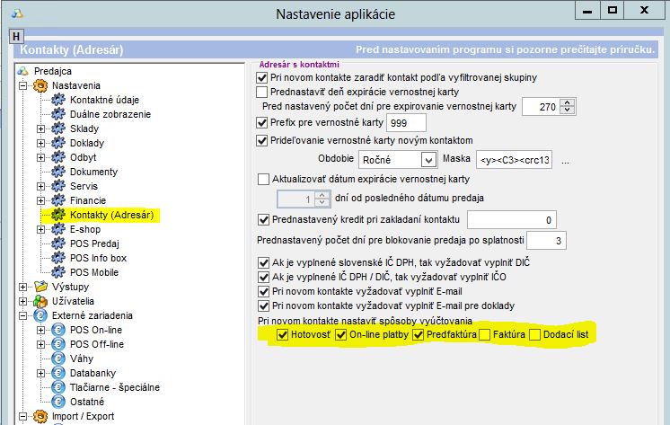 Nastavenie ktor&eacute; typy dokladov maj&uacute; byť prednastaven&eacute; a ako