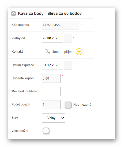 Formul&aacute;ř pro definov&aacute;n&iacute; pravidel kup&oacute;nu kampaně