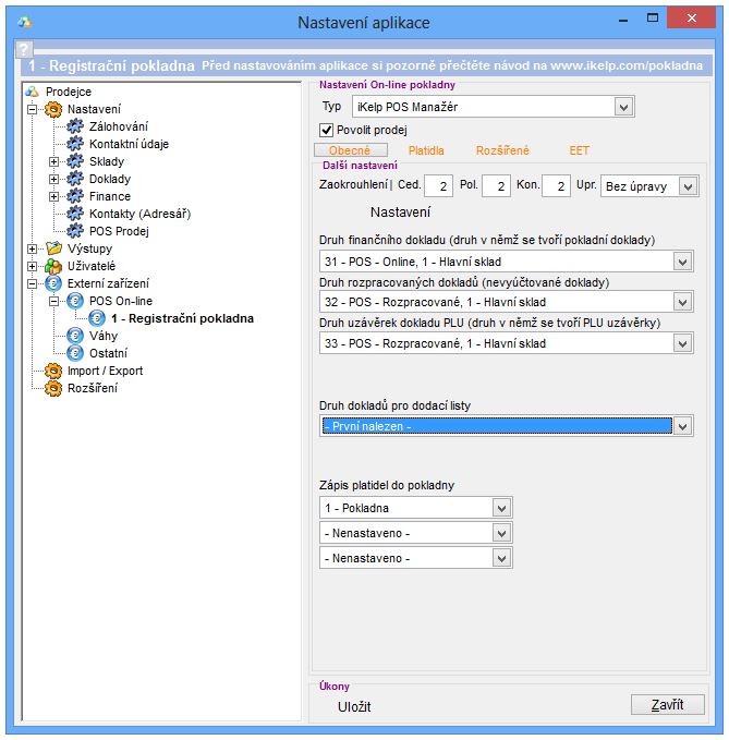 Nastaven&iacute; - POS on-line pokladna - obecn&eacute; nastaven&iacute;