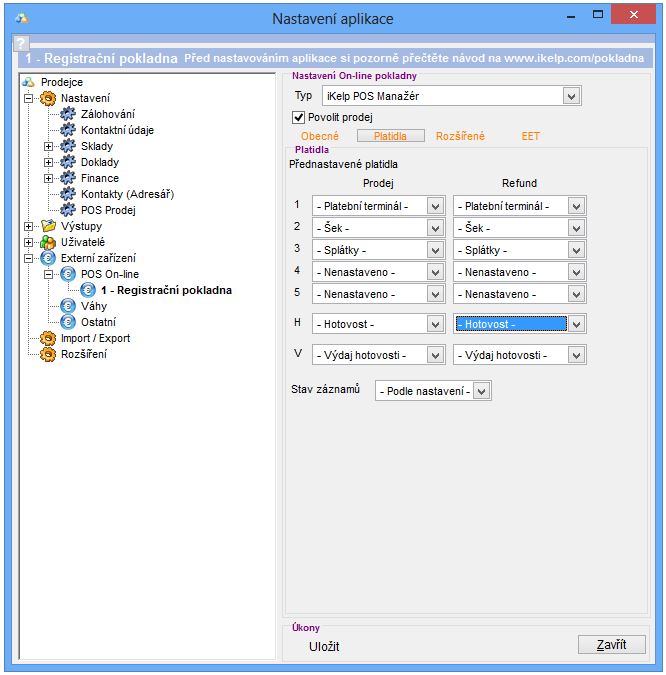 Nastaven&iacute; - POS on-line pokladna - nastaven&iacute; platidel