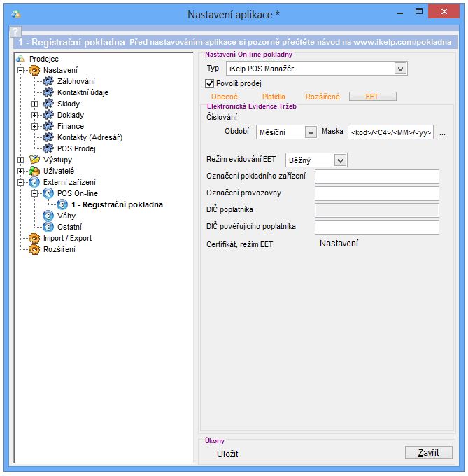 Formul&aacute;ř pro nastaven&iacute; komunikace s EET