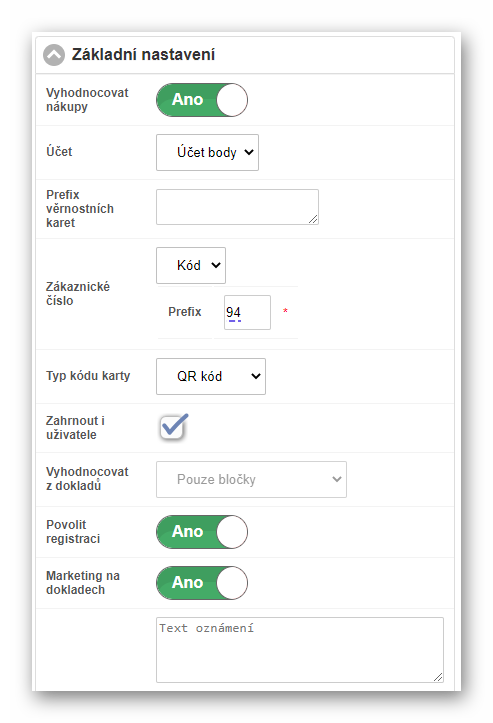 Formul&aacute;ř z&aacute;kladn&iacute;ch nastaven&iacute; klubu věrn&yacute;ch z&aacute;kazn&iacute;ků