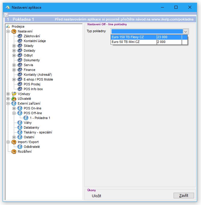 Nastavenia - off-line - v&yacute;ber typu pokladny