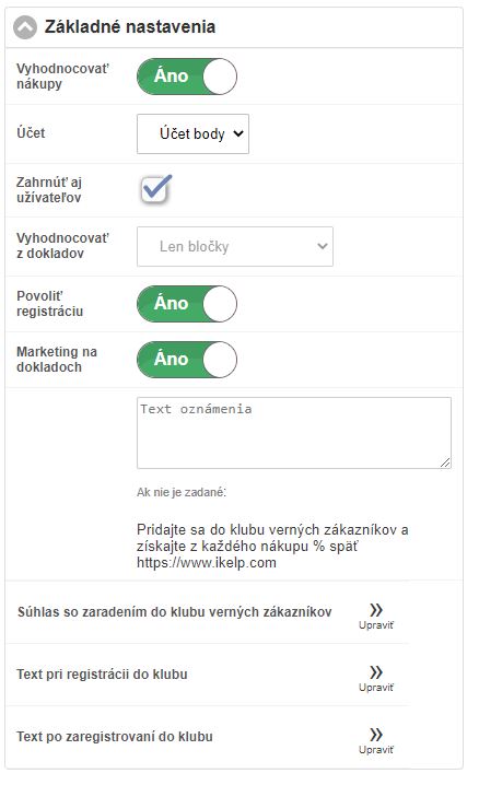 Formul&aacute;r z&aacute;kladn&yacute;ch nastaven&iacute; klubu vern&yacute;ch z&aacute;kazn&iacute;kov