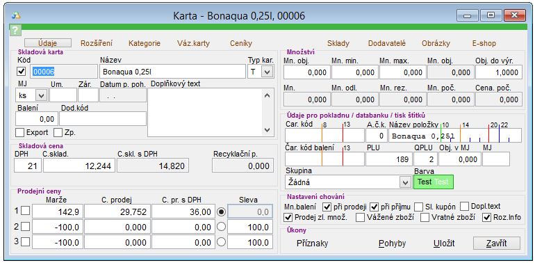 Nov&aacute; skladov&aacute; karta typu T (tovar neboli zbož&iacute;), z&aacute;ložka &Uacute;daje 